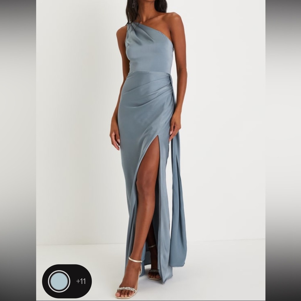 Signature Elegant Slate Blue Satin One-Shoulder Maxi Dress